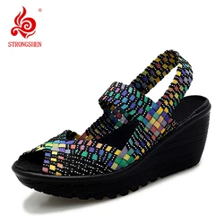 Women Platform Weave Sandals Breathable Summer Walking Shoes Women Sneakers Slip On 5CM Heel Handmade Female Zapatillas Mujer