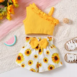 New Newborn Girl Baby Summer Sling Sleeveless Cotton Casual Daily Big Bow Print Baby Clothing Set