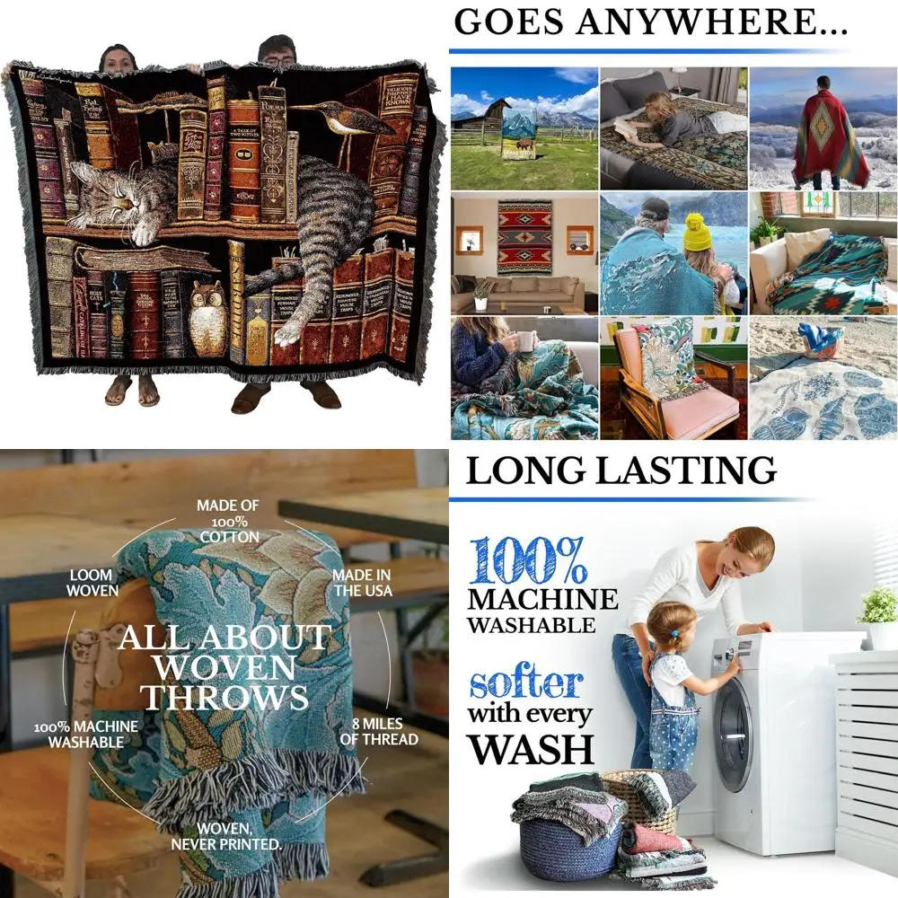 

Cotton Woven Tapestry Throw, Frederick the Literate Cat by Charles Wysocki, USA-Made, 72x54 for Cat Enthusiasts