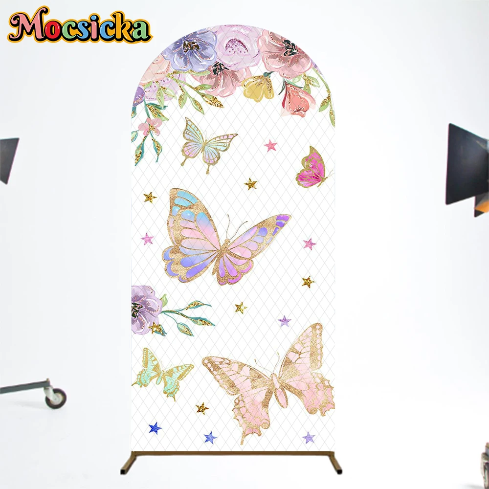 Mocsicka Butterfly Arch Cover Backdrops Baby Shower Girl Princess Happy Birthday Party Arched Backgrounds Colorful Flowers Decor