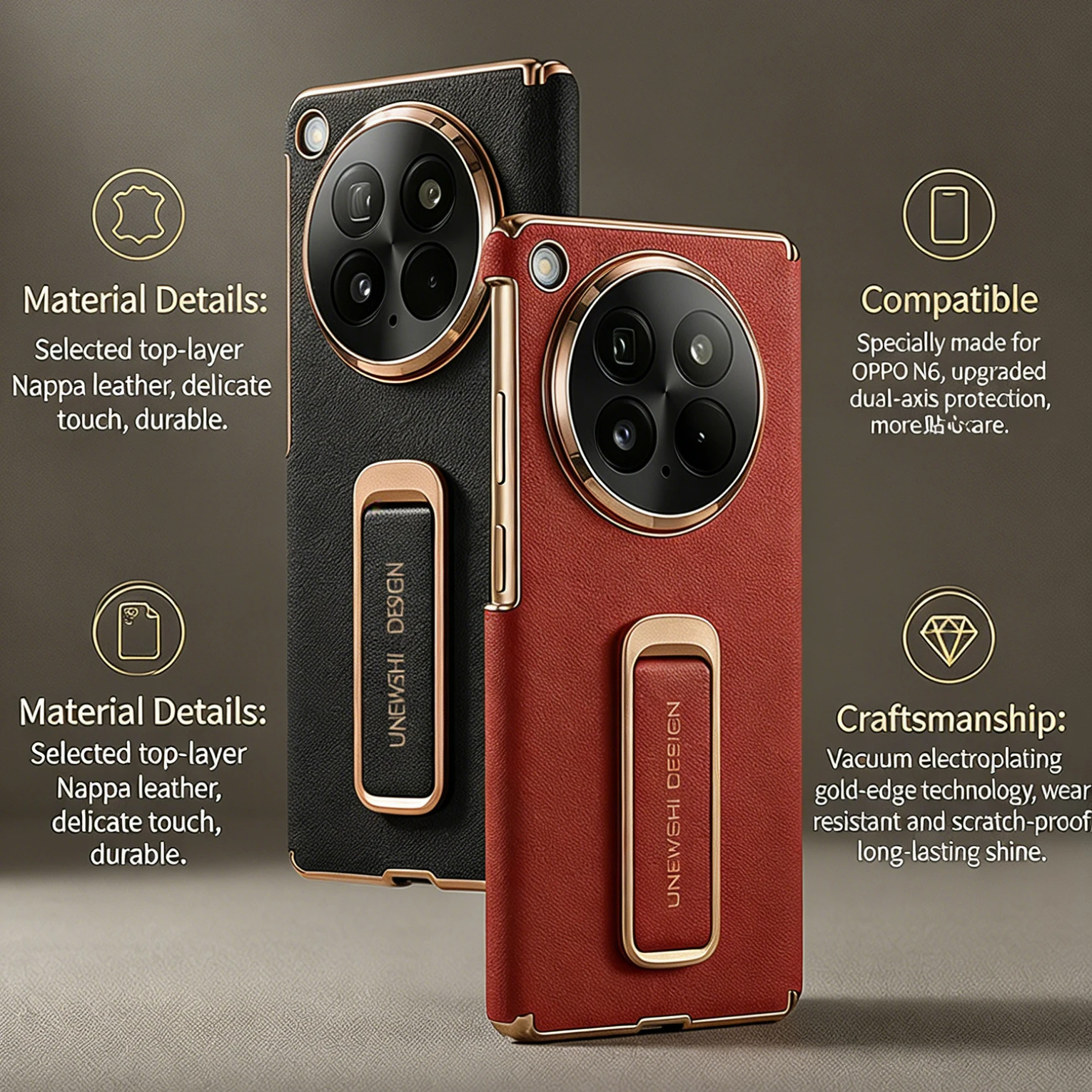 

Чехол для OPPO Find N6 из натуральной кожи Nappa класса люкс с подставкой и золотым покрытием, ударопрочный защитный чехол для мобильного телефона