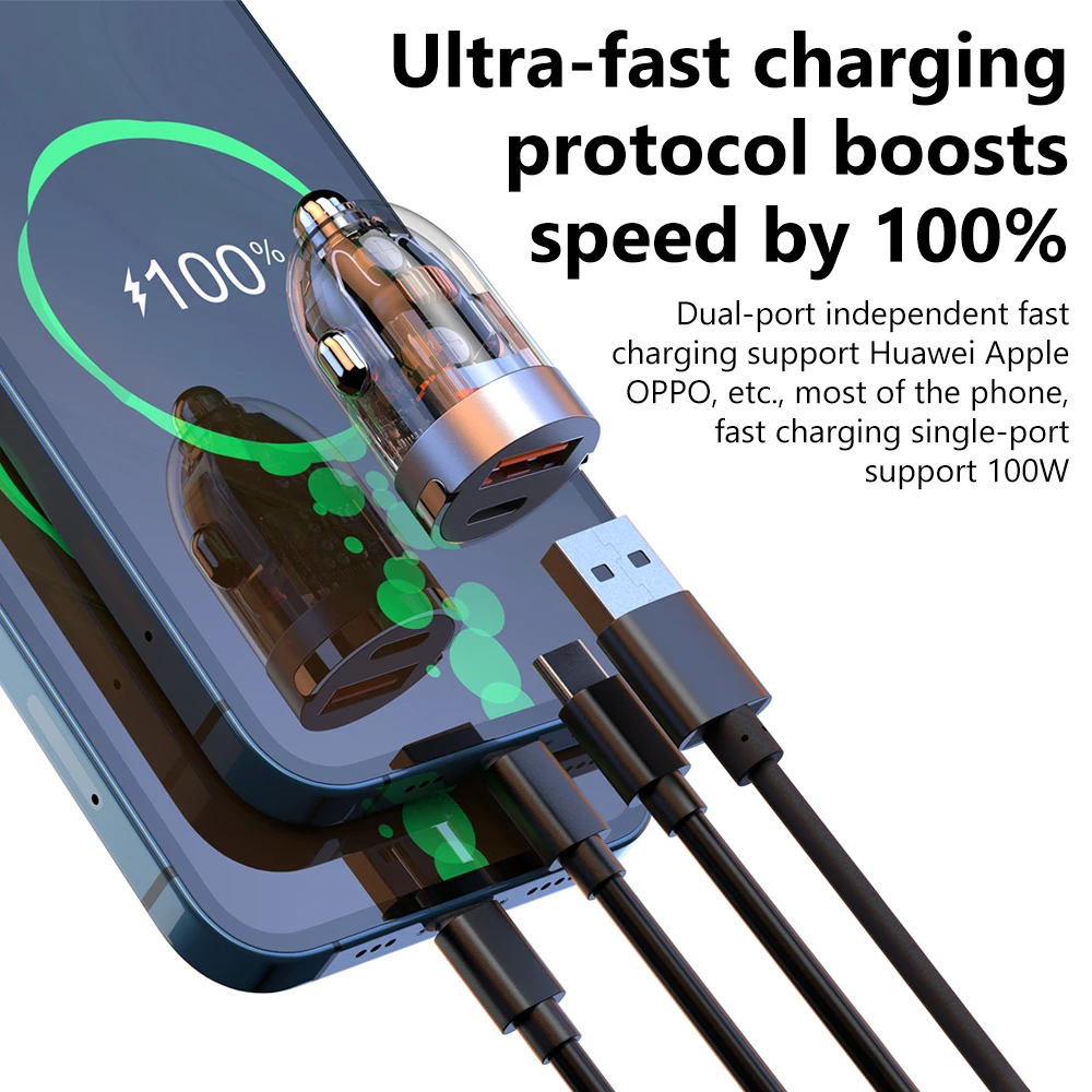 120W  Mini Car Charger USB C Super Fast Charging Head Invisible Transparent Car Charging Car Cigarette Lighter For Huawei Xiaomi