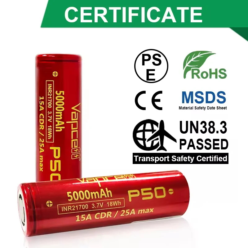 Hohe Kapazität Vapcell P50 INR 21700 3,7 V 18 Wh 5000 mAh Akku 15 A CDR/25 A max. wiederaufladbare Lithium-Akkus für Elektrowerkzeuge