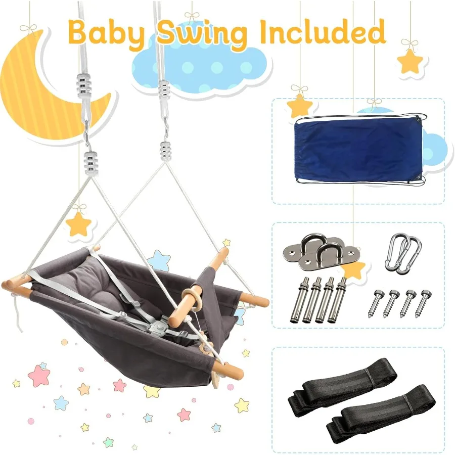 Tragbare, verstellbare Babyschaukel für Säuglinge bis Kleinkinder, für den Innen- und Außenbereich, 5-Punkt-Sicherheitsgurt, Baum-Hängesessel in blauem Garten