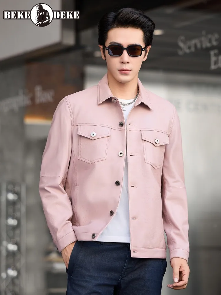 

Fashion Pink Sheepskin Genuine Leather Jacket Men Slim Fit Single Breasted Business Casual Work Coat Autumn Motor Biker Jacket