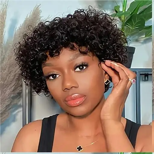 Short Brazilian Jerry Curl Human Hair Wigs With Bang Nature Black Dark 1B# For Women Kinky Curly Remy Hair Machine Made