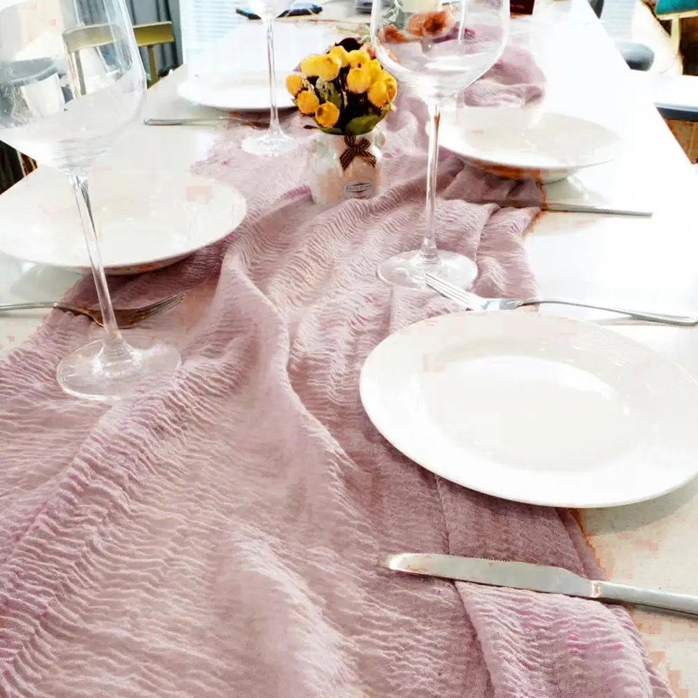 Gauze Table Runner Bohemian Style Wedding Party Table Runner for Prom Banquet Decoration Stain-proof Gauze Runner with Pleated