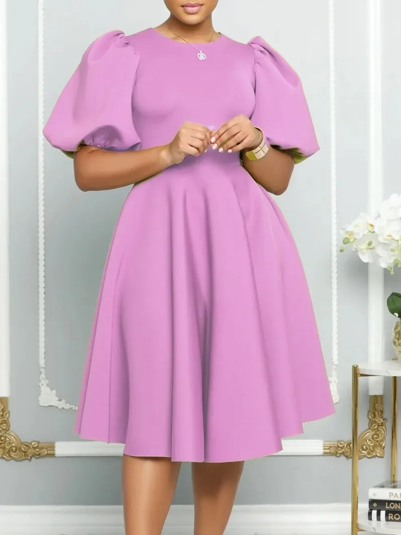 

2024 Spring Summer African Women O-neck Polyester Half Sleeve Solid Color Knee-length Dress S-3XL African Dresses for Women