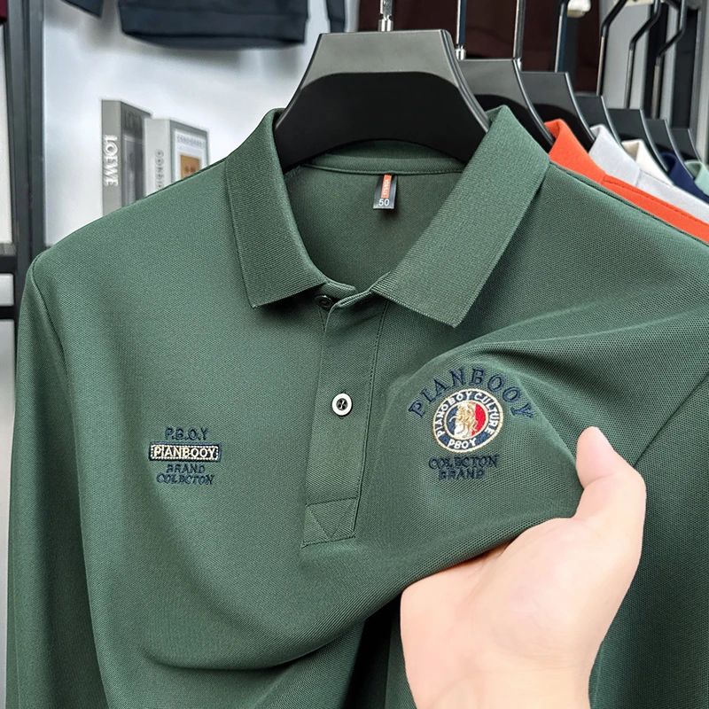 

Высококачественная мужская рубашка-поло из 100% хлопка с длинным рукавом, на пуговицах, с вышивкой букв, весенняя, для бизнеса