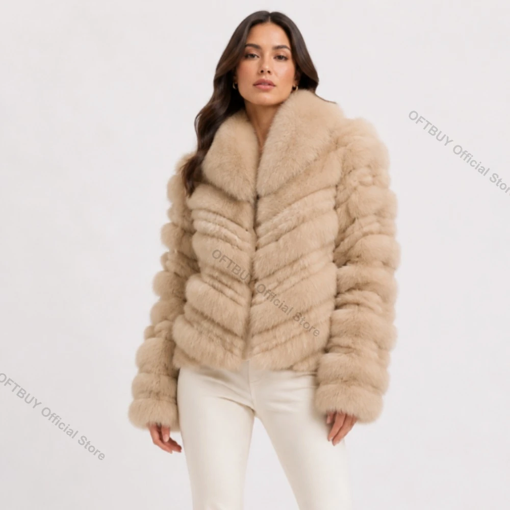 OFTBUY Cappotto in Vera Pelliccia di Volpe, Caldo e Vintage, Nuova Collezione, Giacca in Vera Pelliccia Premium, Look Pelle Intera, Stile Moda per le Feste e per la Strada