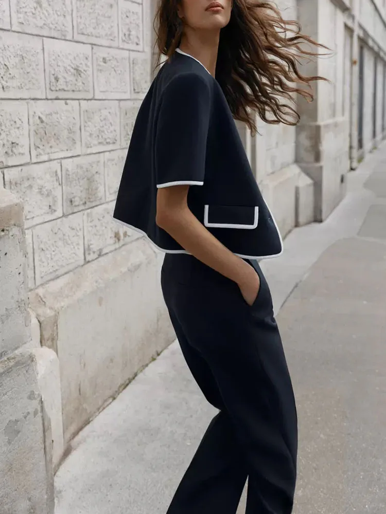 Spring 2026 Women's Casual Straight Leg Pants And Suit Jacket New Arrival Short Sleeve round Neck Button Closure Other Material