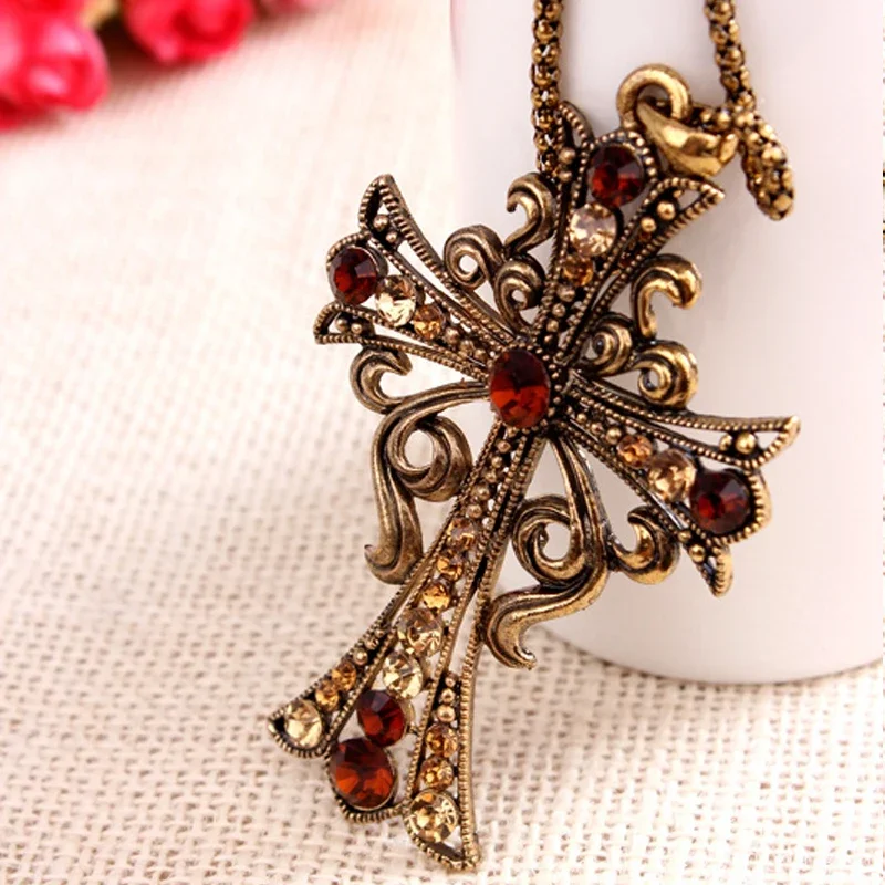 Large Detailed Rhinestone Cross Jewel Necklace Silver Color Tone Pendant Goth Punk Jewellery Fashion Charm Statement Women Gift