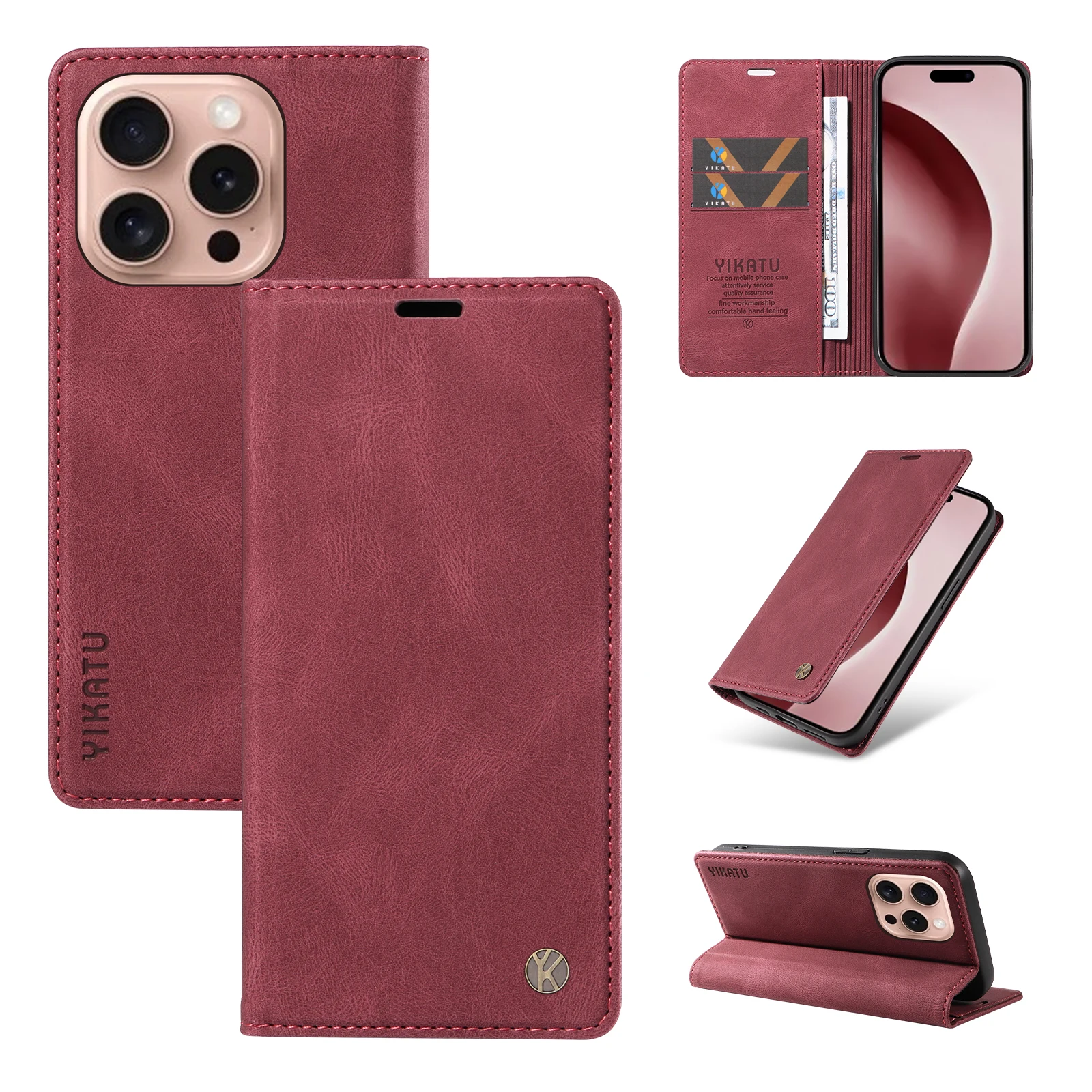 

YIKAYU Mobile Leather Pocket Cover Skin Stand Card Holder Wallet Phone Case For iPhone X XS XR 11 12 13 14 15 Plus 16 Pro Max