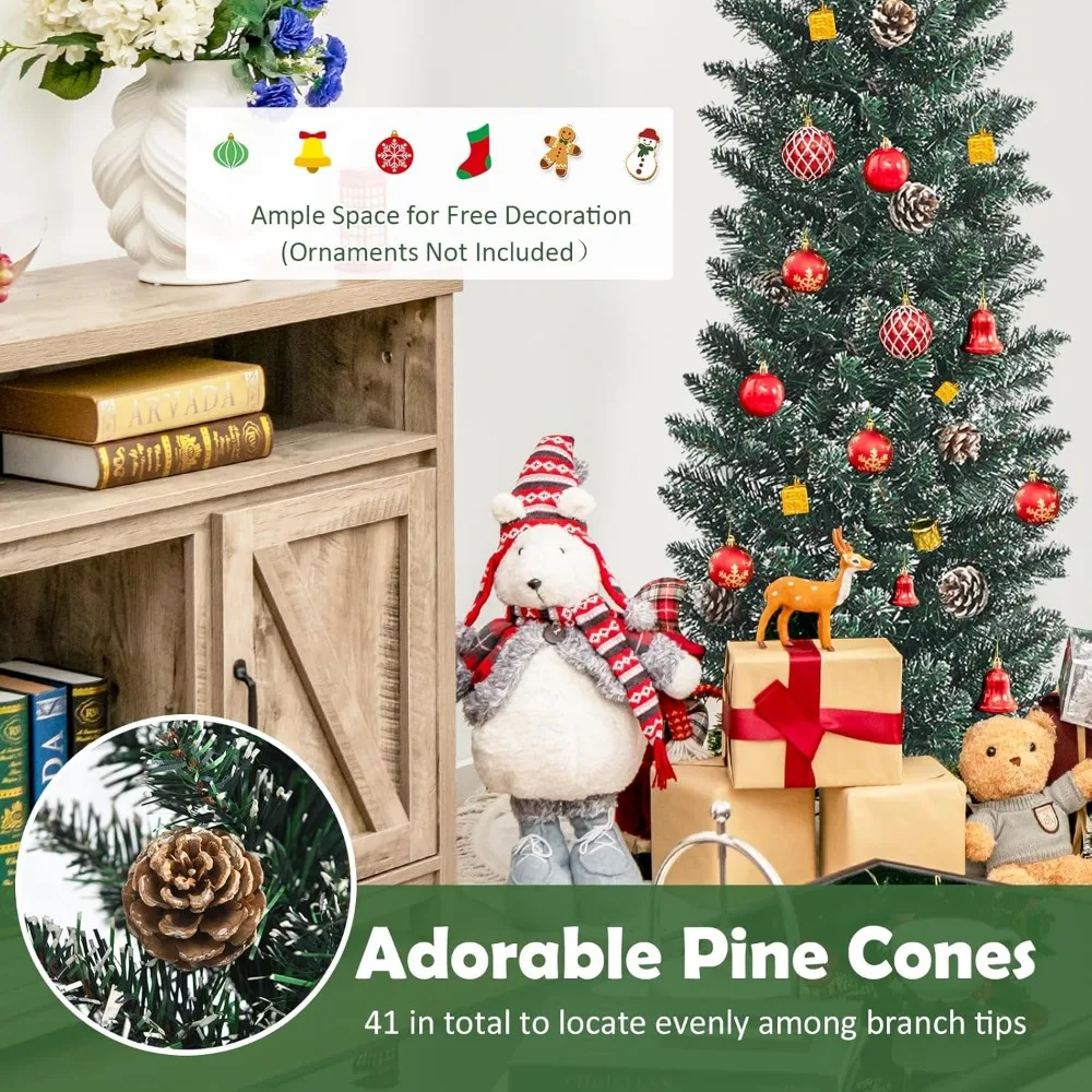 شجرة عيد الميلاد الاصطناعية رفيعة بطول 7 أقدام مع 351 أطراف فرعية و41 مخروطًا من الصنوبر، ديكور احتفالي ثلجي للاحتفال بالعطلات #4