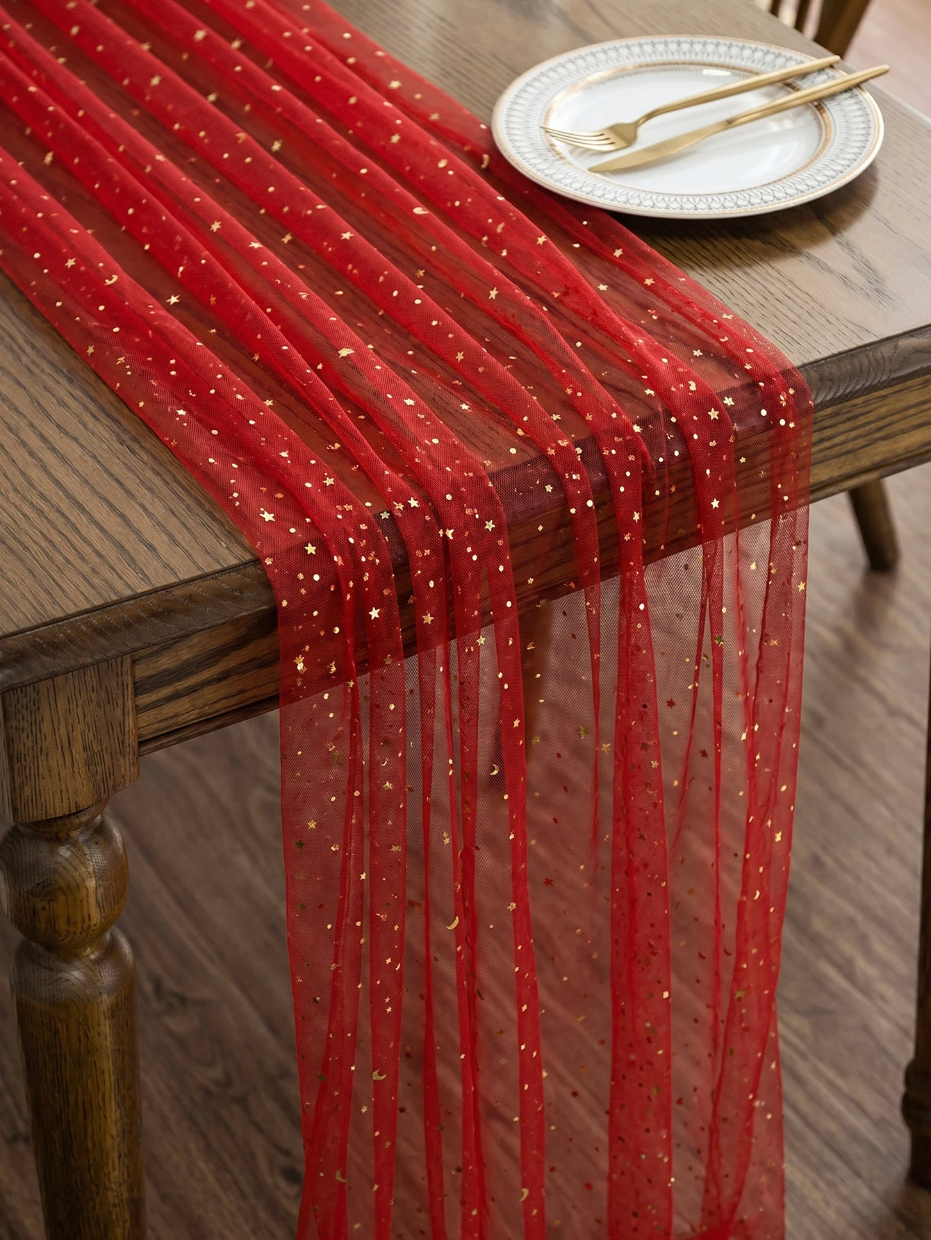 Table Runner 118 Inch, Red Transparent Net with Sequins, Chair Back Tie Decoration, Wedding Arch Decoration, Kitchen, Restaurant
