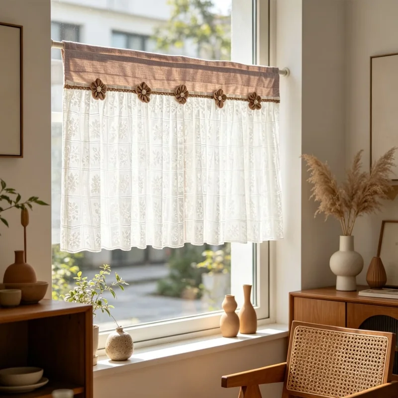 Farmhouse Kitchen Curtains Lace Sheer Valance with Burlap Flower Appliques Beige Linen Top Rod Pocket Cafe Curtain Rustic Countr