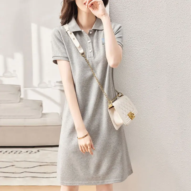 

Cotton Polo-Neck Letter Printed Dresses Summer Casual Fashion Loose A-Line Women's Clothing Commute Button Basic Midi Dress 2023