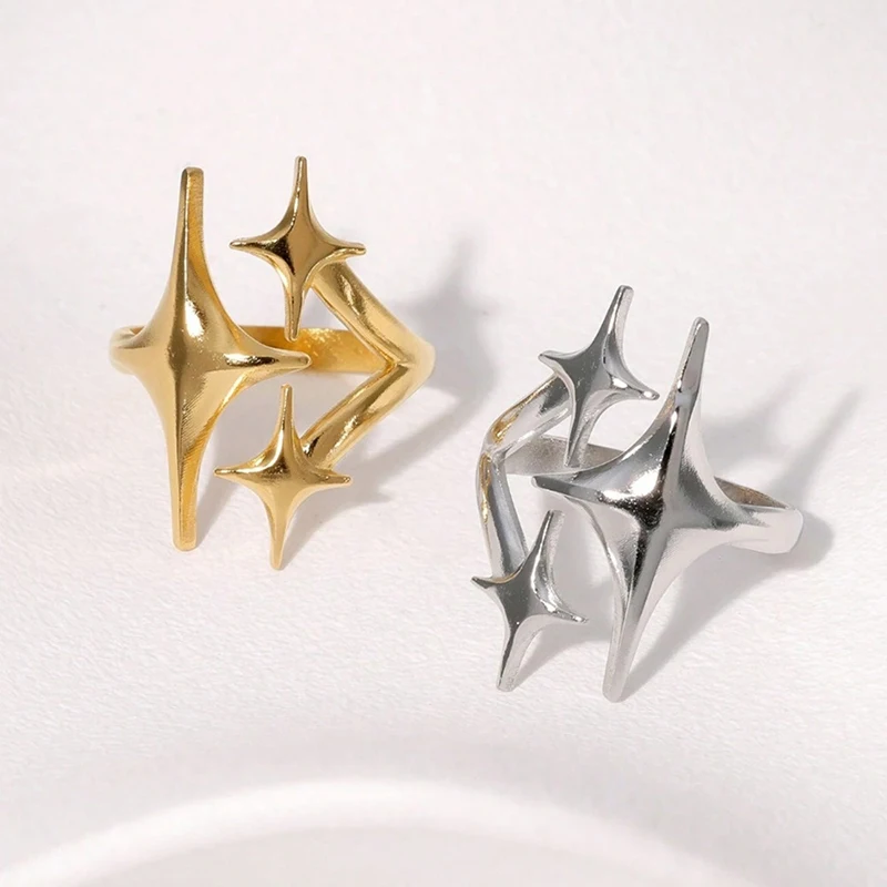 Stainless Steel Y2K Celestial Star Open Rings for Women Men Unique Design Gold Silver Color Adjustable Ring Fashion Jewelry