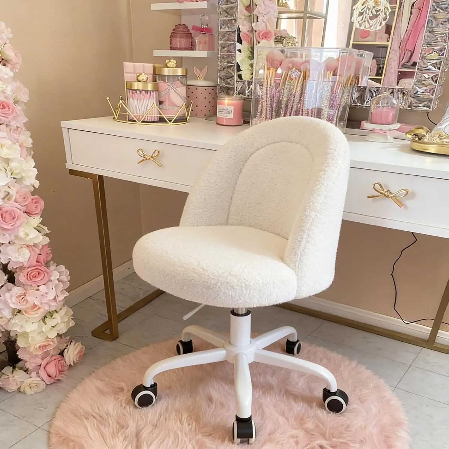 DurayLoly White Vanity Chair with Wheels, Cute Desk Chair with Back, Armless Chair with Height Adjustable & 360° Swivel, Soft Lumbar Support for Small Space, Bedroom