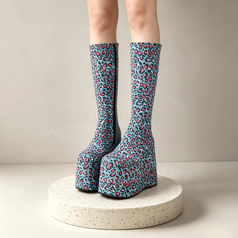 Colorful Leopard Print Wedges Heel Platform Boots Side Zipper Women Shoes Round Toe Party Feast Dating 2026 Zapatos Para Mujere
