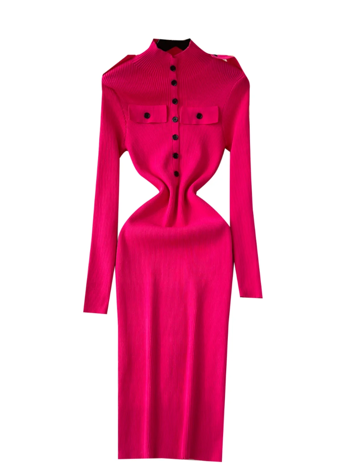 Vestido E de Malha de Cintura Alta para Mulheres, Camada Base Slimming de Outono Inverno, Vestido Longo Estilo Coreano...