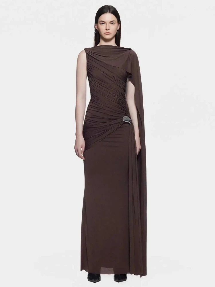 

Sexy O Neck Asymmetrical Shirring Sleeve Folds Long Dress Women Brown One Shoulder Draped Ruched Slim Dresses Evening Party Gown