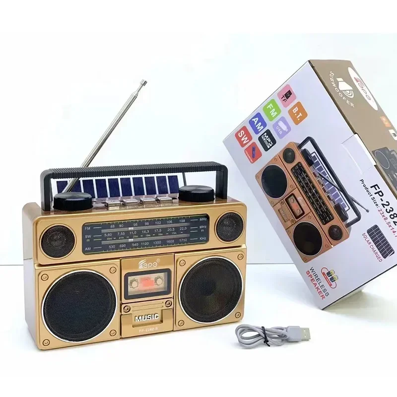 Retro Radio AM FM SW 3 Band Solar Energy Radios HIFI Stereo Portable Vintage Wireless Bluetooth Speaker FP-2382-S