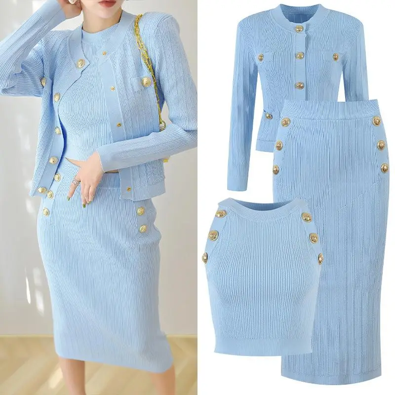 2024 Vintage Knitted Dress Sets for Women Ladies Plain Singe-breasted Cardigan Bodycon Vest and Slim-fit Skirt Female Boutique