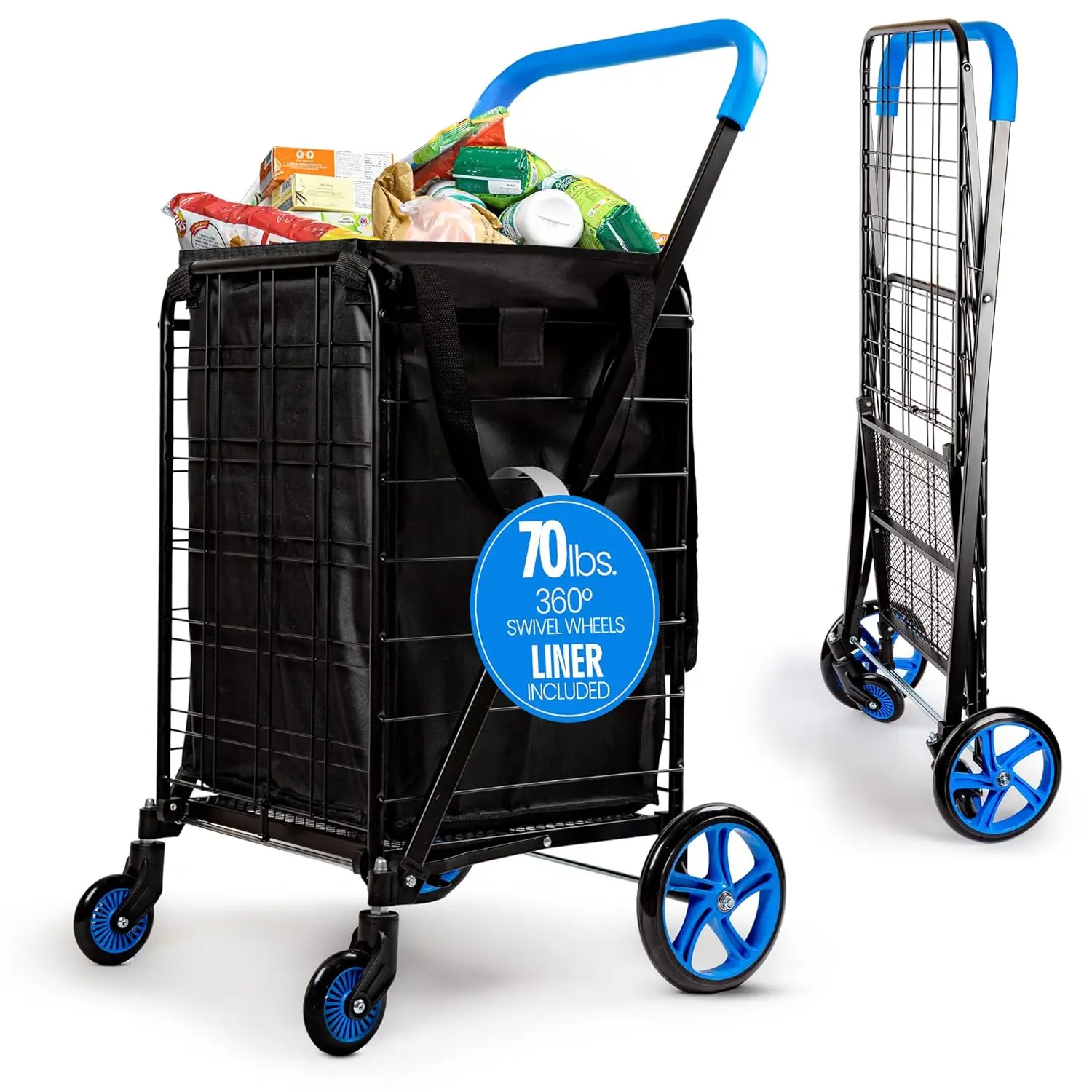 

Compact Folding Shopping Cart with Removable Waterproof Liner, 360° Swivel Wheels, Rust-Proof Steel Frame, 70 lb Capacity - Blue