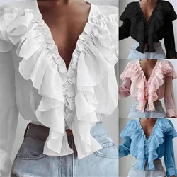 2024 Summer Women White Ruffle Blouse Long Sleeve Top Chiffon Shirt Work Casual Lady Solid Color Pink V-neck Blouses Tunic Cloth