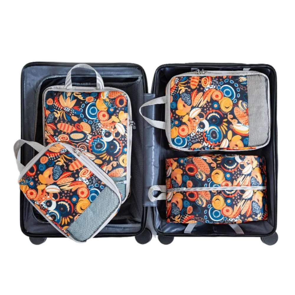 4pcs/set Printed Compression Storage Bag Foldable Large Capacity Luggage Storage Bags Set Dampproof Washable Packing Cubes