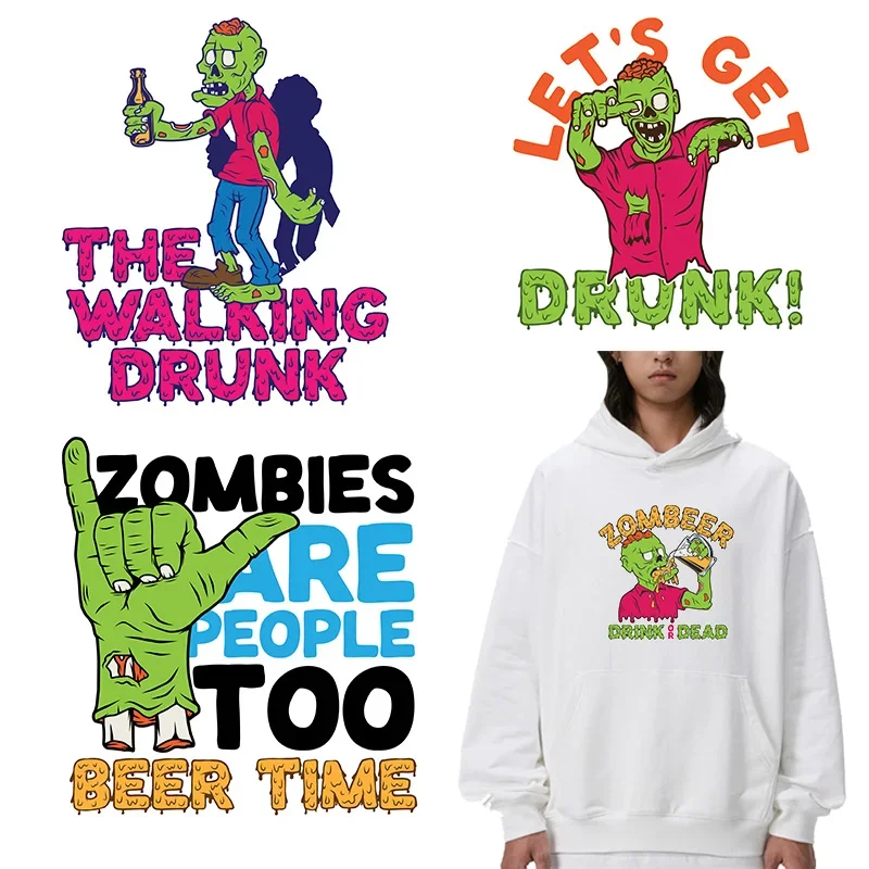 Green zombie-themed beer visual design iron on transfer for clothing dtf transfers ready to press Heat Transfer Printing