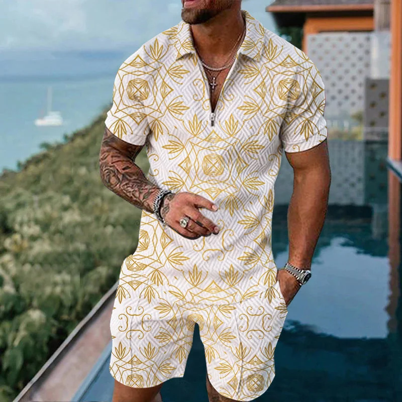 Casual Simple Men's Short Sleeve Sets Fashion Zipper Polo Shirts Shorts 2 Piece Outfit Summer Hip Hop Trend Loose Tees Top Suit