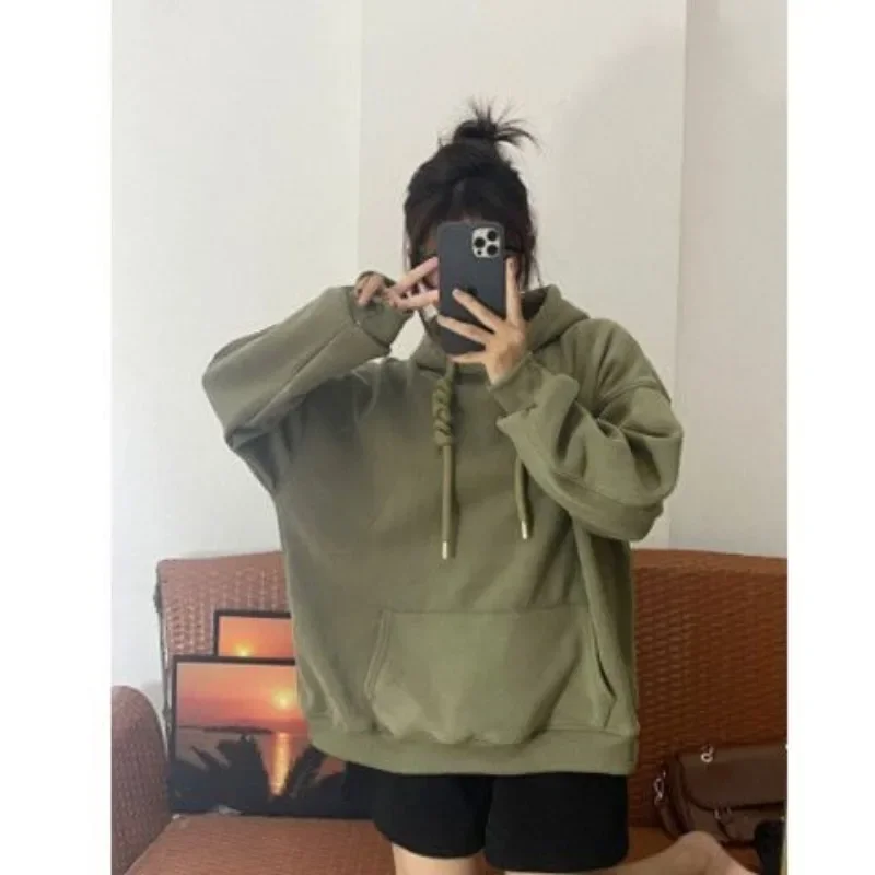 American Retro Military Green Oversized Hoodie for Women Ins Loose and Versatile Design for Autumn and Winter Niche Jacket Top