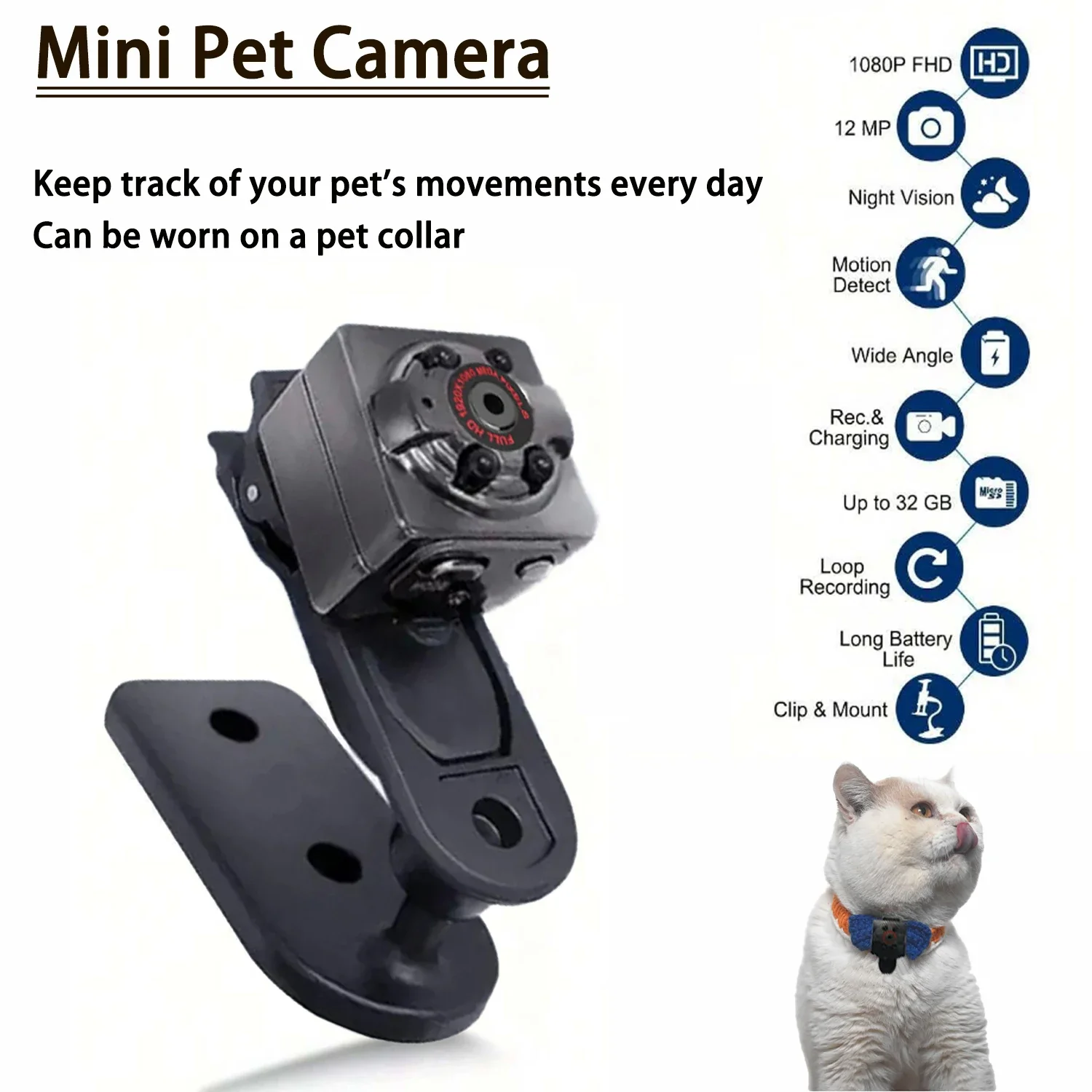 

Mini Video Camera Infrared Night Vision Small Outdoor Sports Camera for Dogs Pet Track Recorder Rechargeable Sports DV for Cats
