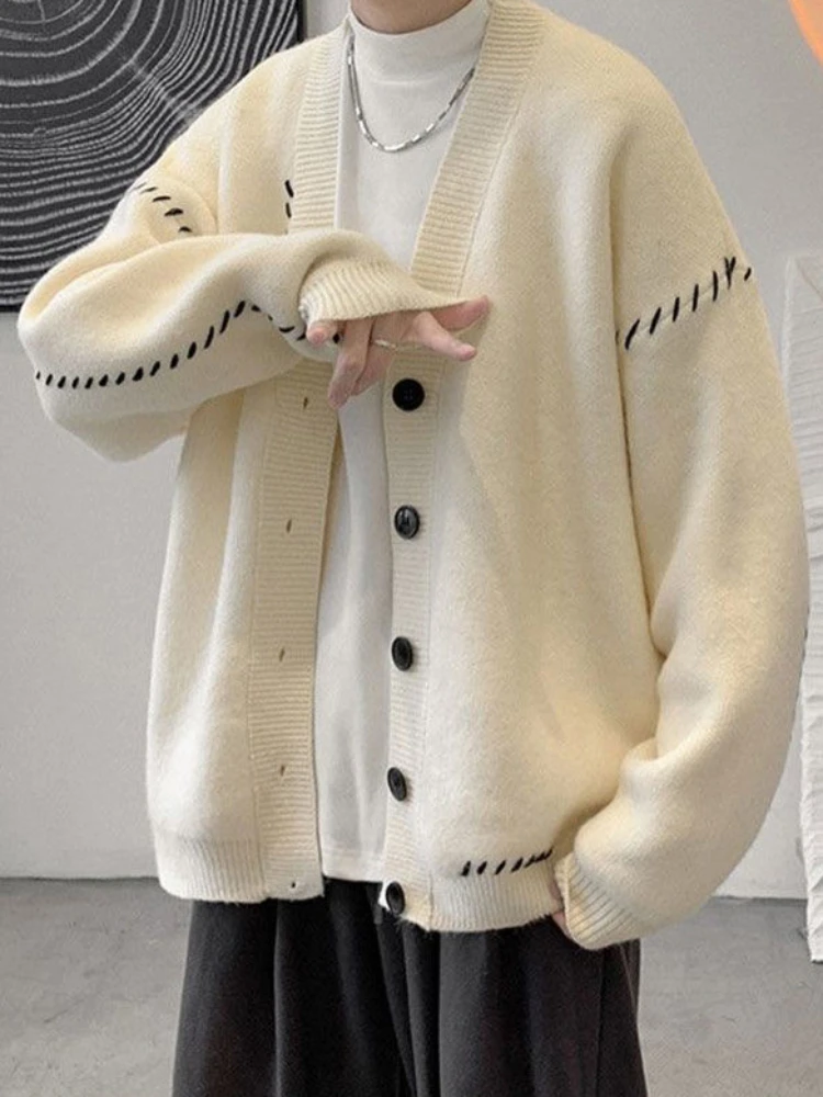 Man Clothes Jacket V Neck Cardigan Knitted Sweaters for Men White Coat Korean Fashion Street Classic Over Fit Knit 2024 S Autumn