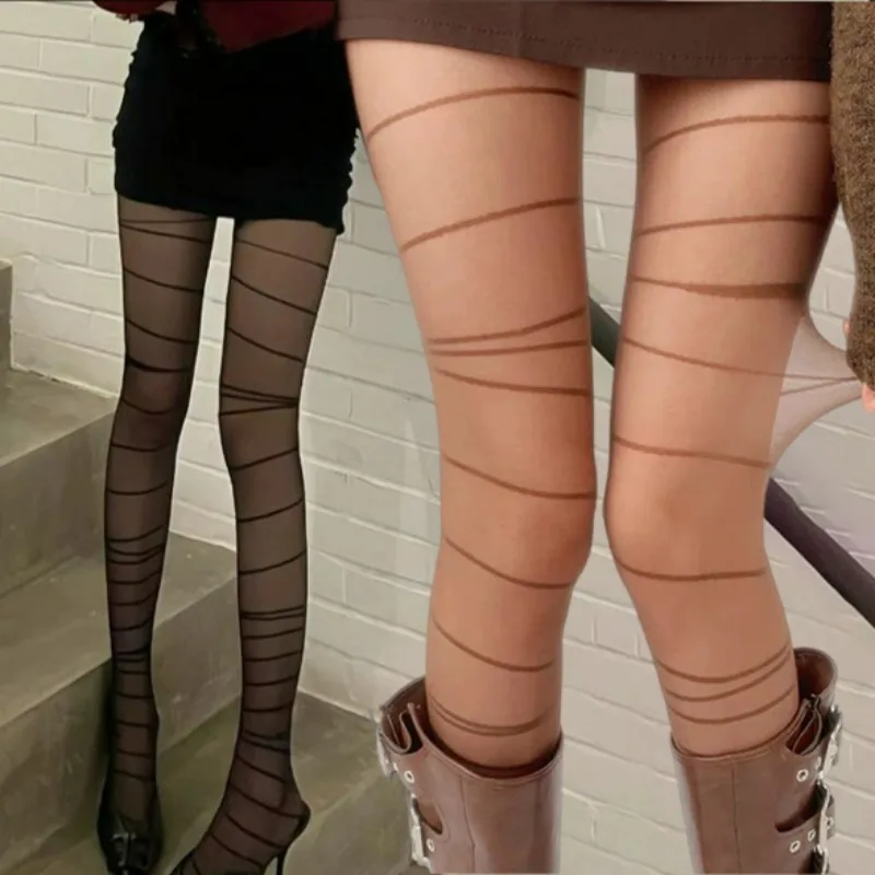 Women Striped Tights Sexy Ultra-Thin Y2k Lolita High Waist Body Pantyhose Girl Elastic High Quality Black Brown Sheer Stocking