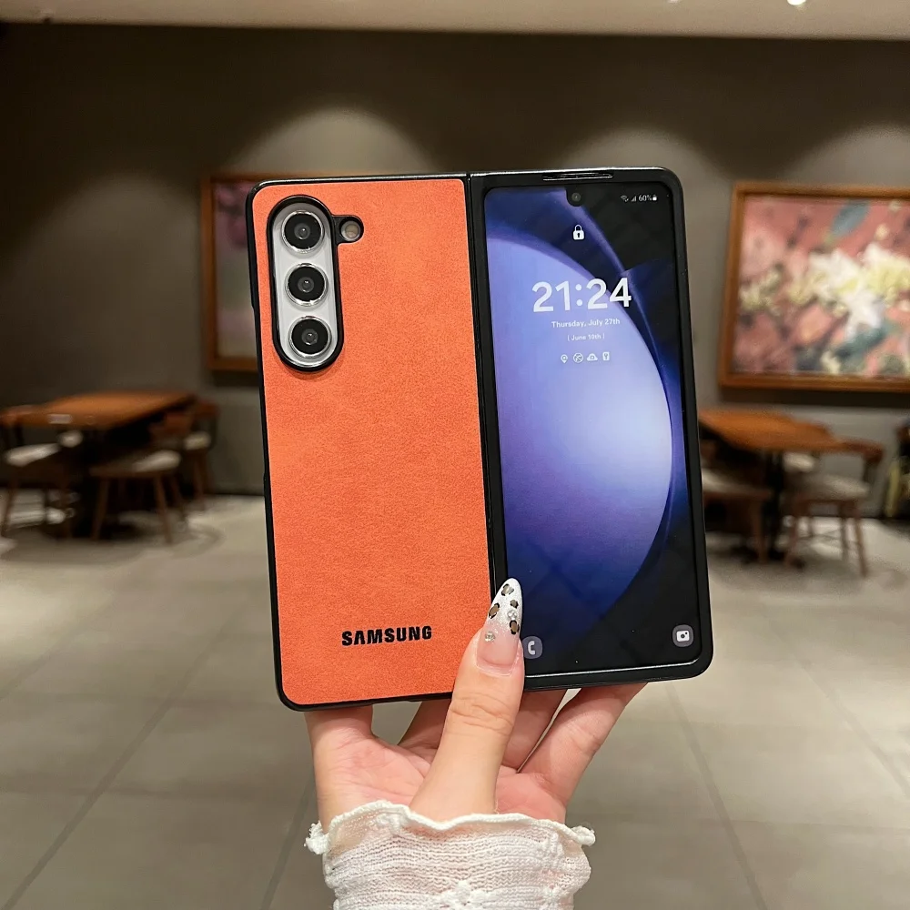 Fashion Solid Color Matte PU Leather Case Samsung Galaxy Z Fold6 Fold5 Fold4 Fold3 With Logo Shockproof Lens Protective Cover