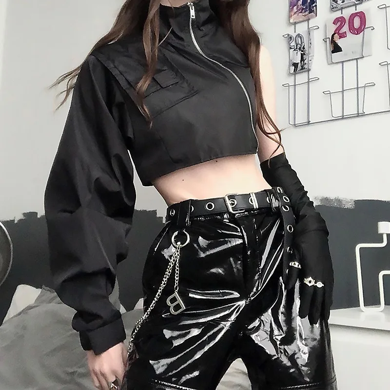 Asymmetrical Sleeve Cropped Sweatshirts Moto Biker Grunge Black Goth Design Y2k Irregular One Shoulder High Street Tops Zip-up