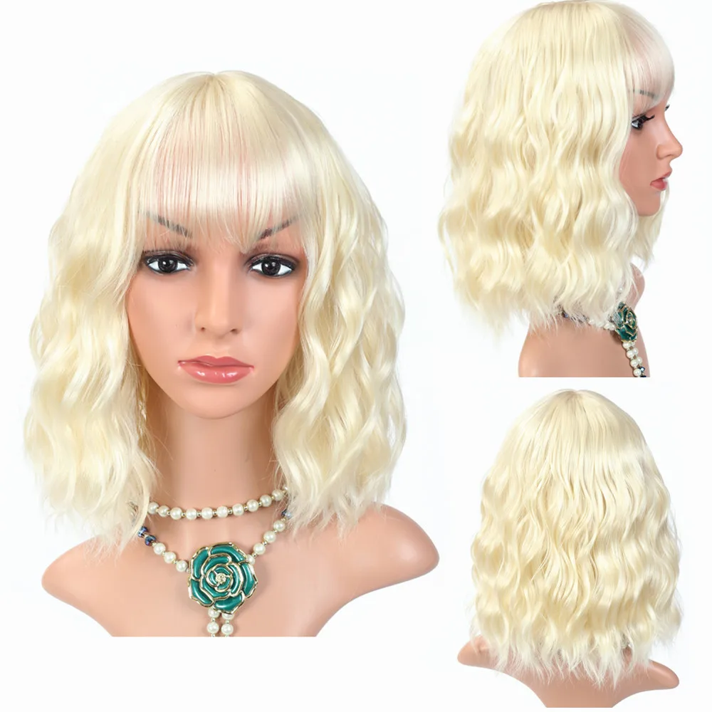 

Bobo Wavy Wig Synthetic Cosplay Pink Hair Women Medium Bob with Bangs for Girl Head Cover