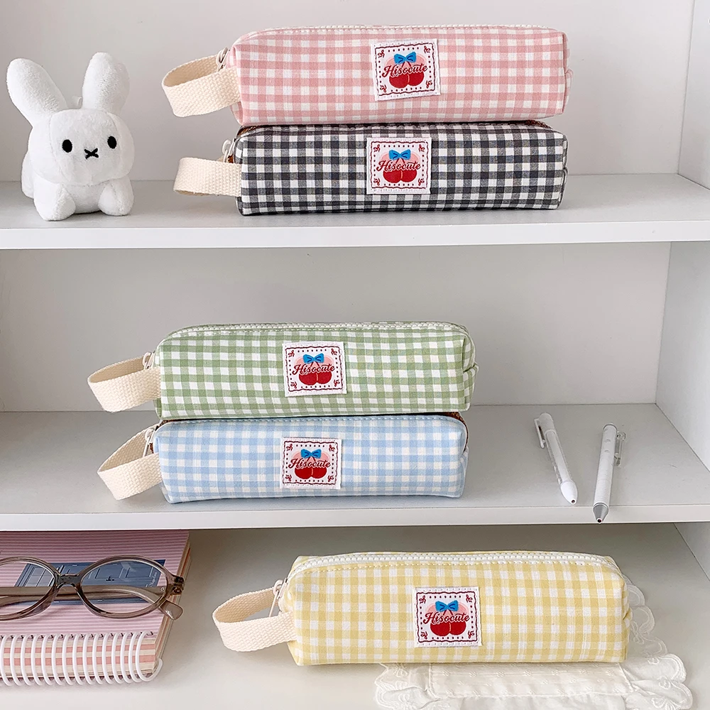 1pc Fashion Simple Apple Checkered Pencil Case Student Stationery Large Capacity Storage Pen Bag Kids Back to School Supplies
