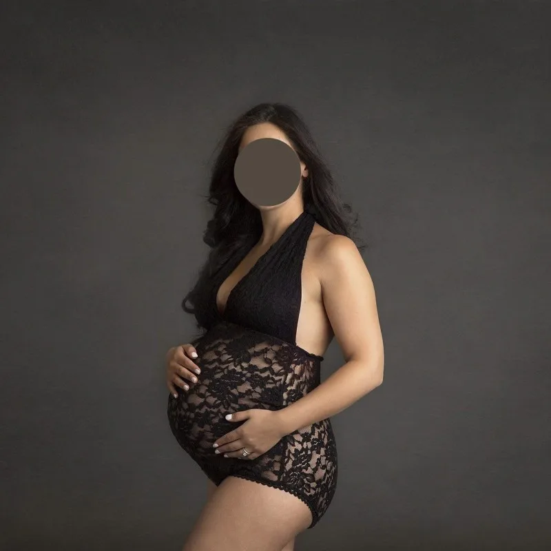 Body de fotografía de maternidad para mujer embarazada, ropa interior de encaje sin espalda, mono de foto con cuello Halter para embarazo