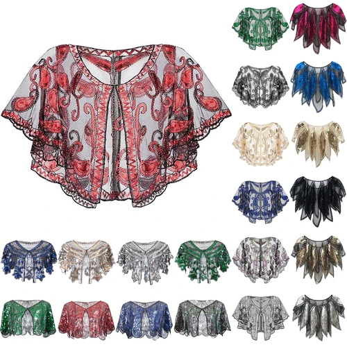 Imagen 2 del producto Chal de encaje para carnaval, vestido de noche para mujer, chal con lentejuelas, fiesta para mujer, uso diario, juego de capa informal a la moda