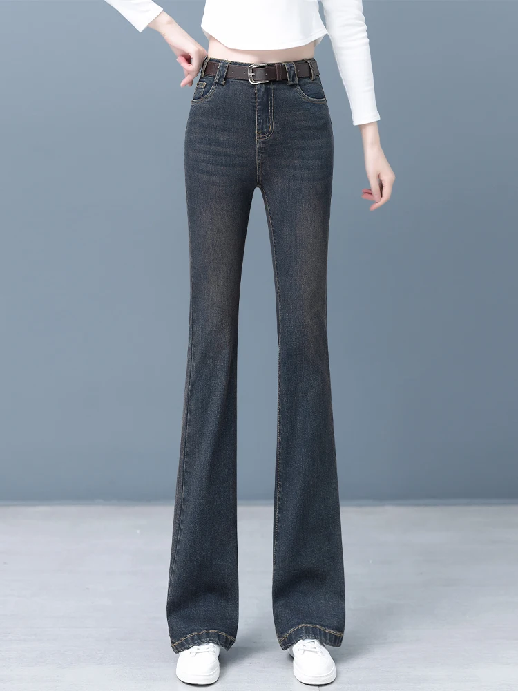 

Женские джинсы с высокой талией, облегающие, на флисовой подкладке, микро-клеш, цвет цементно-серый, деним, весенние, повседневные, с высокой эластичностью, дышащие