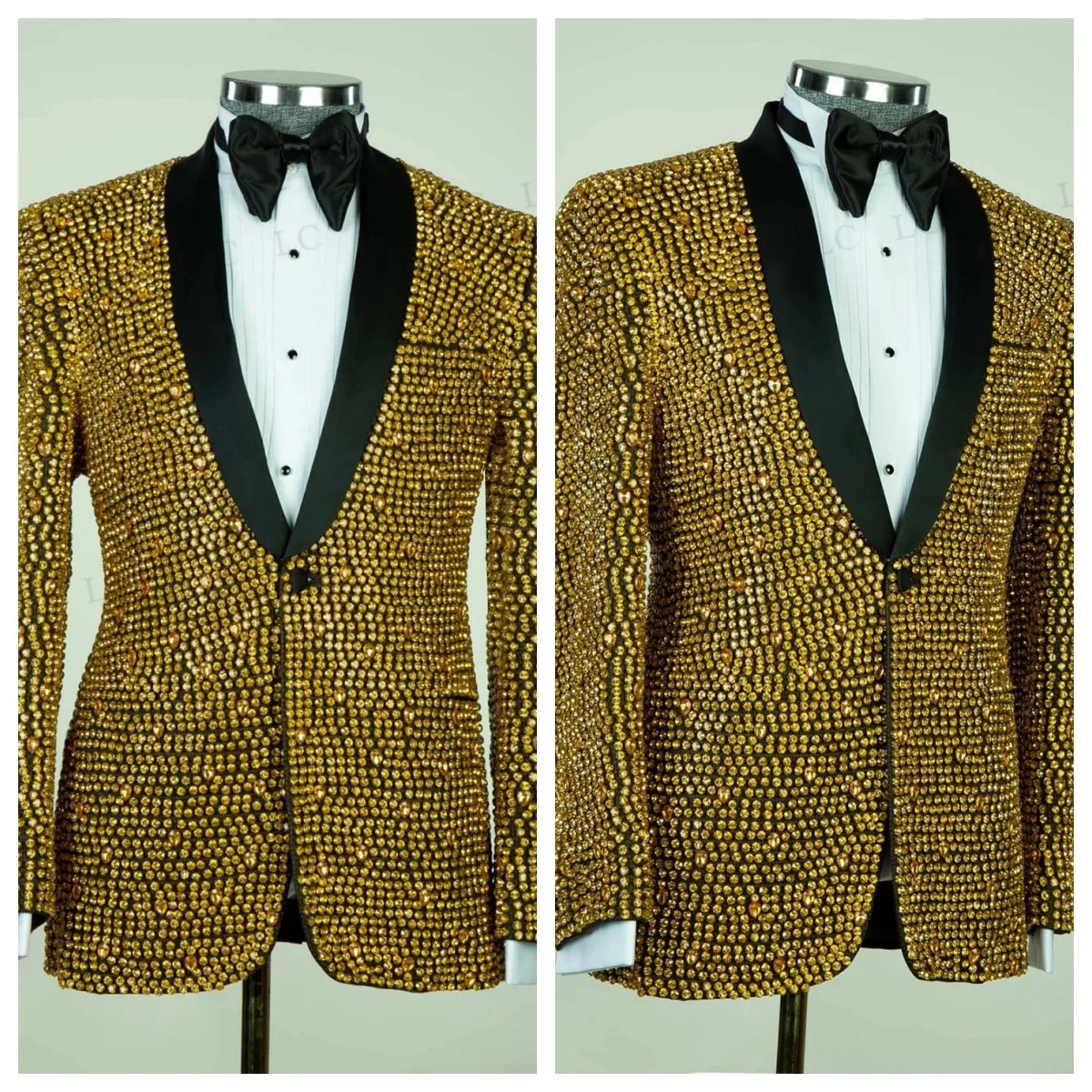 

Sparkly 2 Pieces Men Suits Tuxedo Beads Slit Sheer Lapel One Button Slim Formal Prom Wedding Groom Custom Plus Size Diamonds