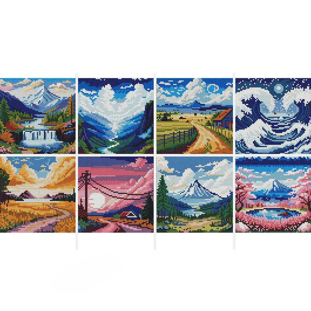 Momoart 8pcs Full Round Mini Diamond Mosaic Mountain River Diamond Painting Seaside Landscape Sunset Village DIY Decor For Home