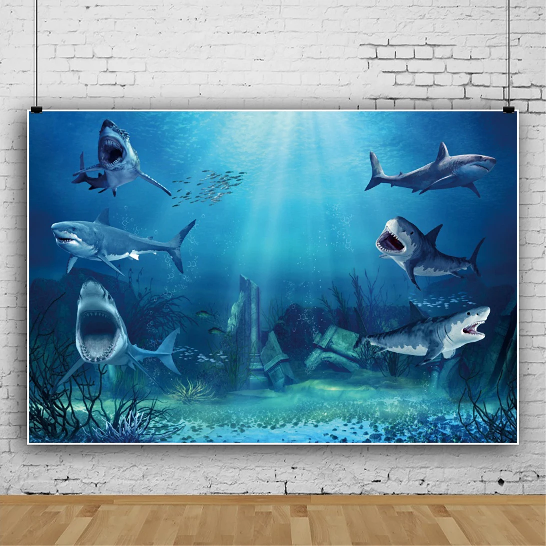 Laeacco Deep Seabed Shark Photography Background Aquarium Decor Children Theme Party Coral Fish Pattern Photocall Backdrop Prop