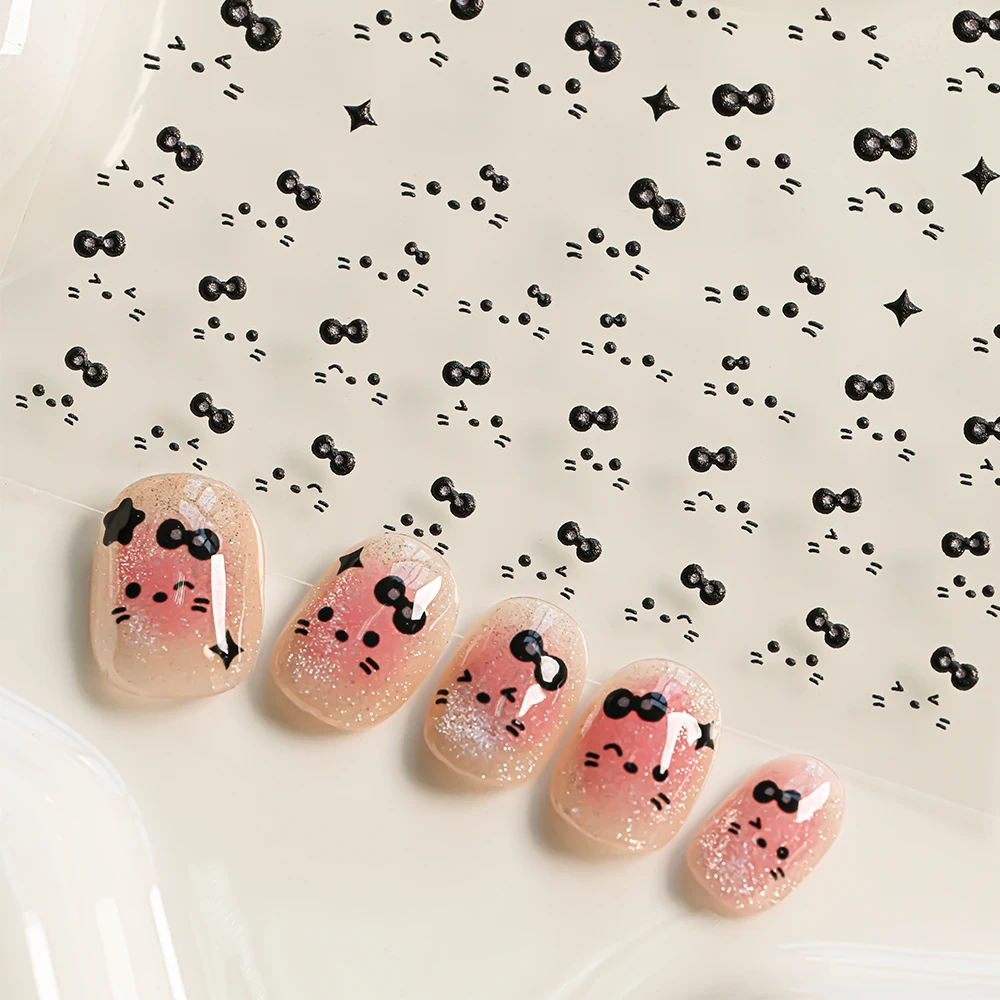 

1Pcs Black Bow Wink Kitty Cat Nail Art Sticker 5D KT Cat Face Cute Cartoon Expression Nail Decoration Decals DIY Nail Accessorie