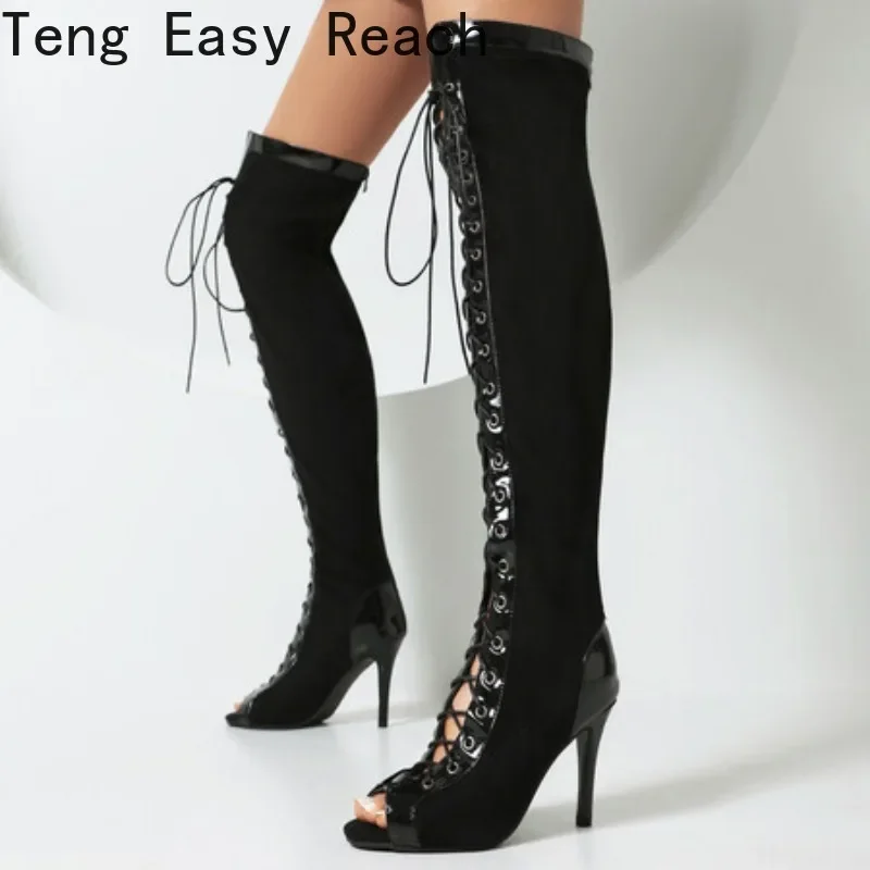 Black Heels Long Boots Women Summer Sexy Peep Toe Over The Knee High Boot Female Lace-up Nightclub Dance Party Shoes Big Size