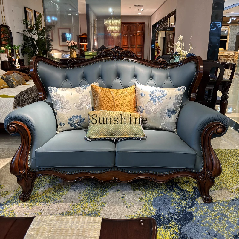 

American retro solid wood leather classical carved sofa chair